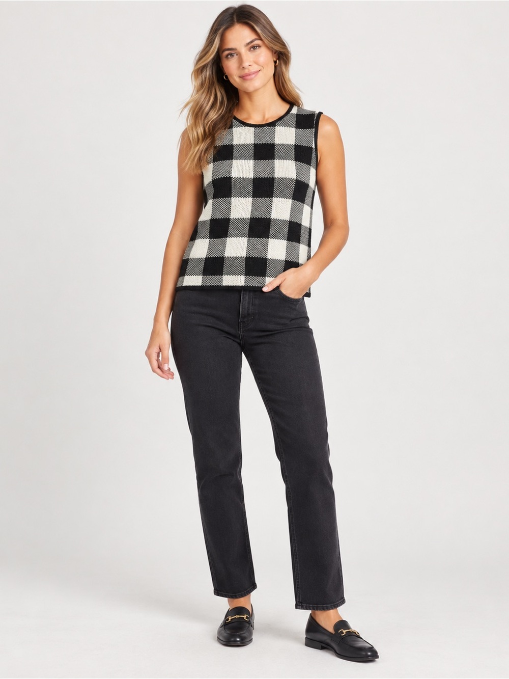TUCKERNUCK POMANDER PLUS BUFFALO CHECK SWEATER VEST WOOL BLEND BLACK WHITE SMALL
